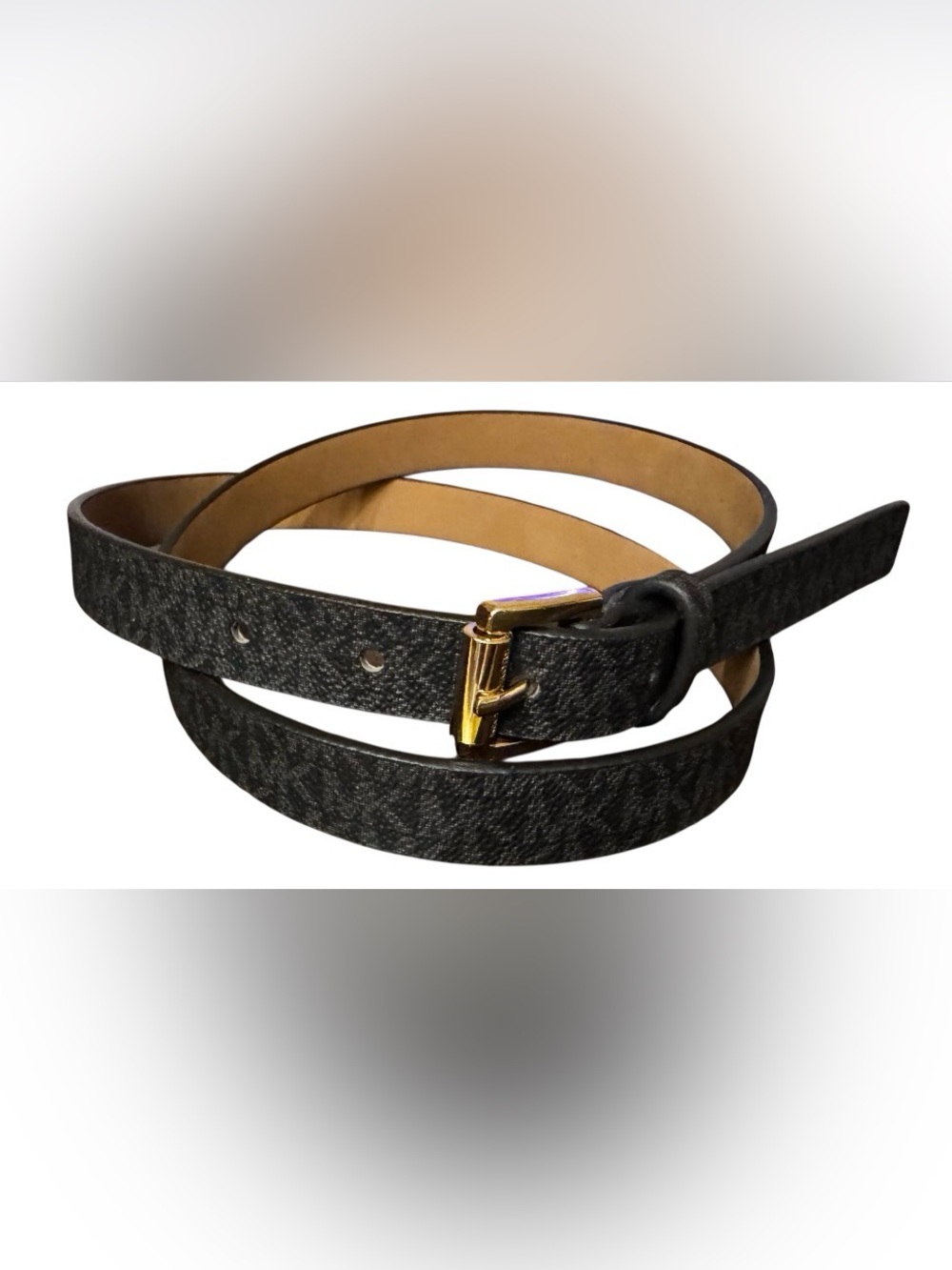 Michael Kors size XL Brown logo Belt shiny gold buckle classic 1 inch wide